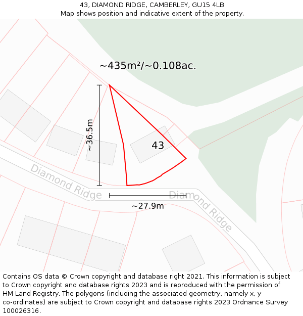 43, DIAMOND RIDGE, CAMBERLEY, GU15 4LB: Plot and title map