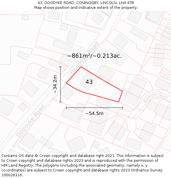 43, DOGDYKE ROAD, CONINGSBY, LINCOLN, LN4 4TB: Plot and title map