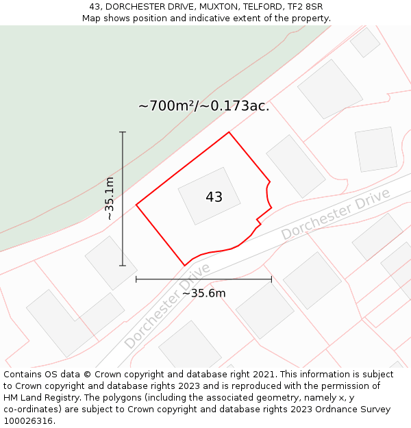 43, DORCHESTER DRIVE, MUXTON, TELFORD, TF2 8SR: Plot and title map