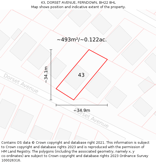 43, DORSET AVENUE, FERNDOWN, BH22 8HL: Plot and title map