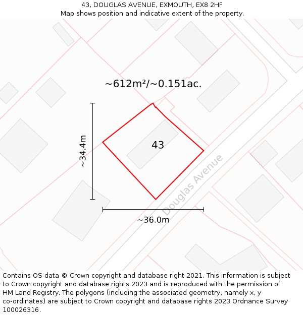 43, DOUGLAS AVENUE, EXMOUTH, EX8 2HF: Plot and title map