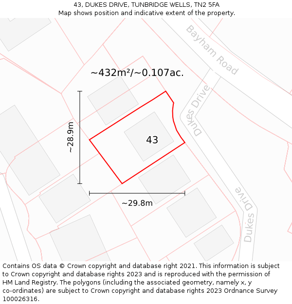 43, DUKES DRIVE, TUNBRIDGE WELLS, TN2 5FA: Plot and title map