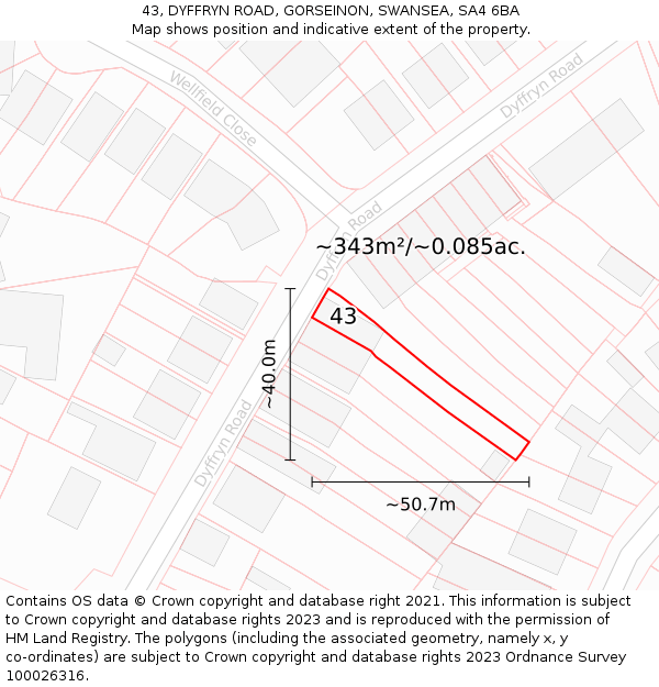 43, DYFFRYN ROAD, GORSEINON, SWANSEA, SA4 6BA: Plot and title map
