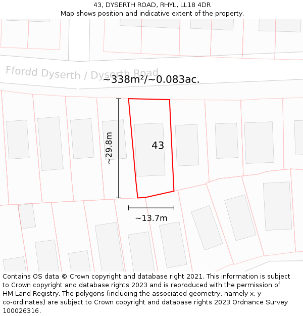 43, DYSERTH ROAD, RHYL, LL18 4DR: Plot and title map