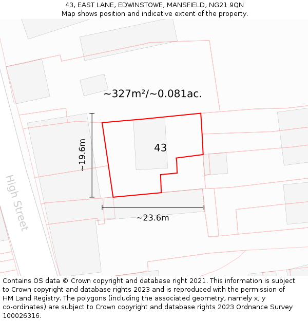 43, EAST LANE, EDWINSTOWE, MANSFIELD, NG21 9QN: Plot and title map