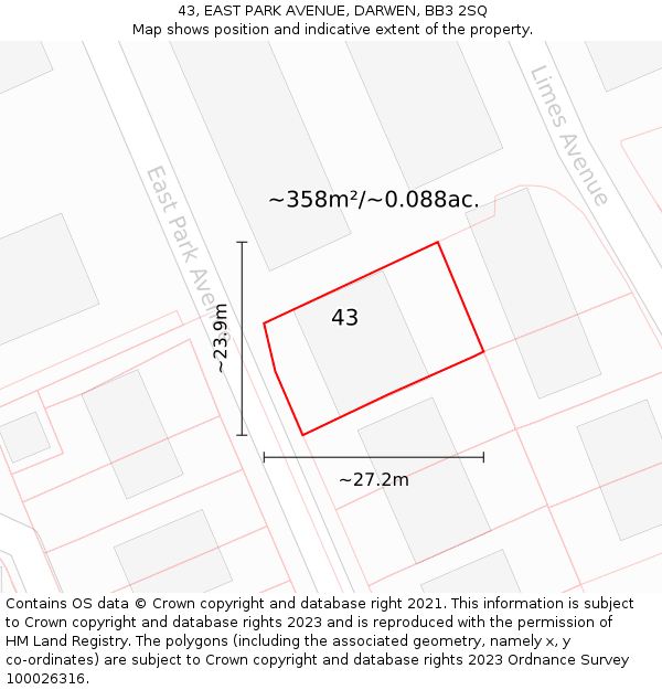 43, EAST PARK AVENUE, DARWEN, BB3 2SQ: Plot and title map