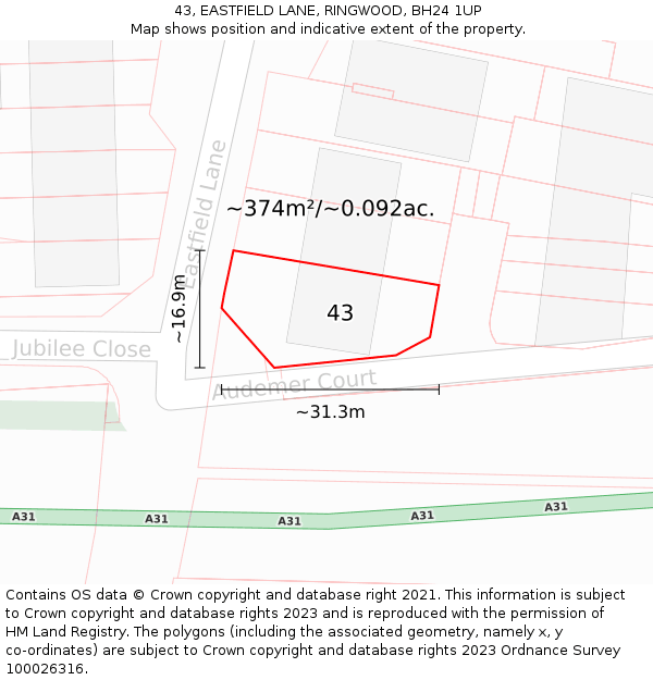 43, EASTFIELD LANE, RINGWOOD, BH24 1UP: Plot and title map