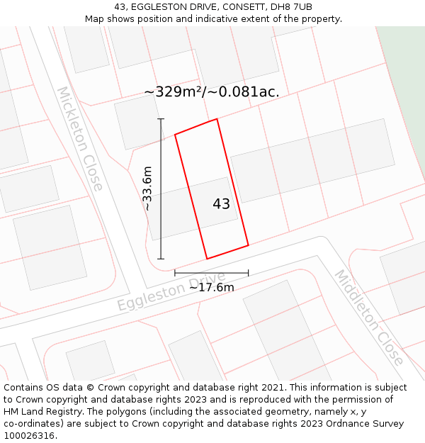 43, EGGLESTON DRIVE, CONSETT, DH8 7UB: Plot and title map