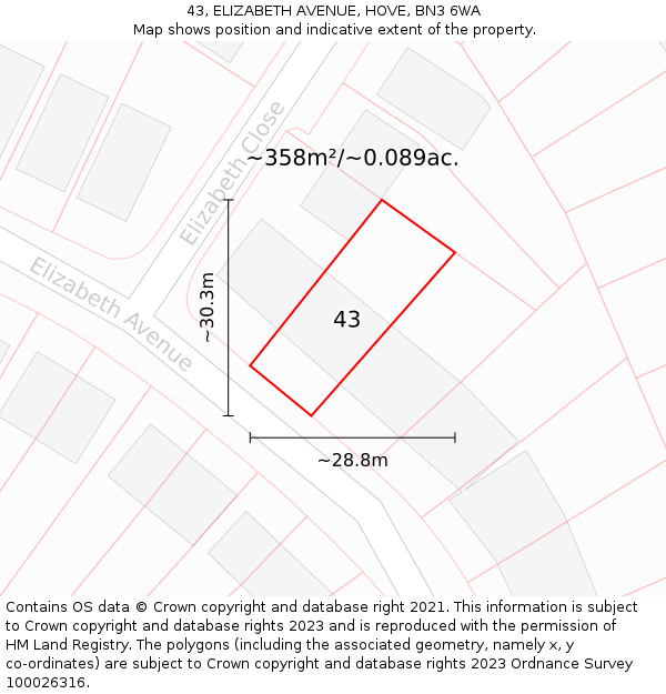 43, ELIZABETH AVENUE, HOVE, BN3 6WA: Plot and title map