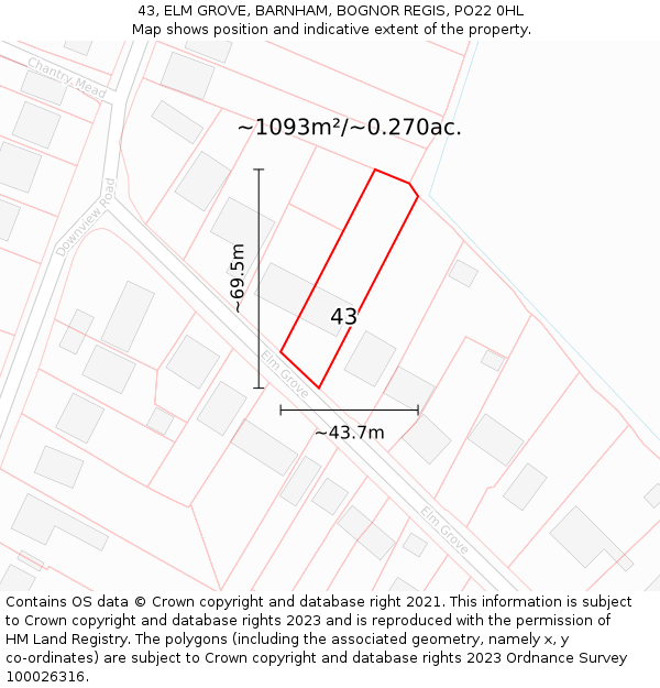 43, ELM GROVE, BARNHAM, BOGNOR REGIS, PO22 0HL: Plot and title map