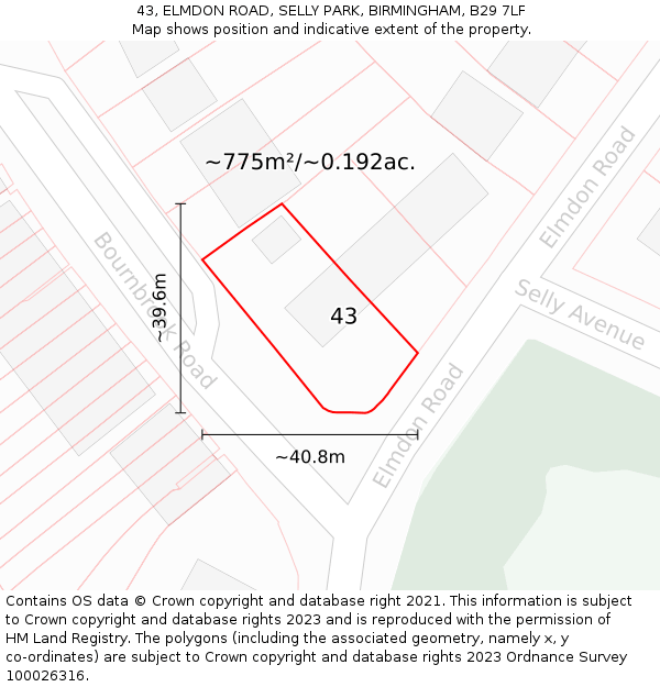 43, ELMDON ROAD, SELLY PARK, BIRMINGHAM, B29 7LF: Plot and title map