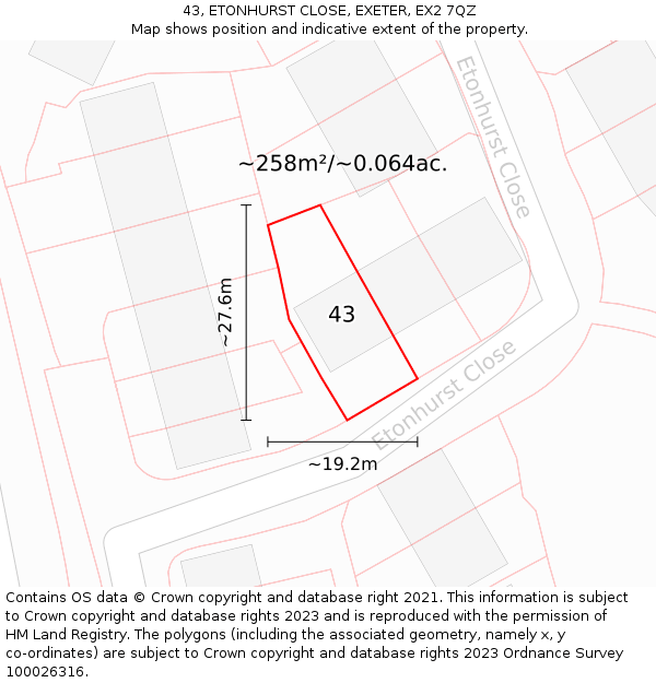 43, ETONHURST CLOSE, EXETER, EX2 7QZ: Plot and title map