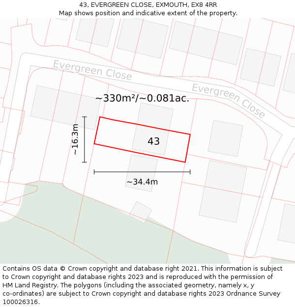 43, EVERGREEN CLOSE, EXMOUTH, EX8 4RR: Plot and title map