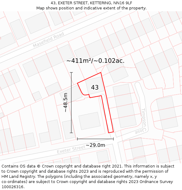 43, EXETER STREET, KETTERING, NN16 9LF: Plot and title map