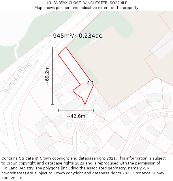 43, FAIRFAX CLOSE, WINCHESTER, SO22 4LP: Plot and title map