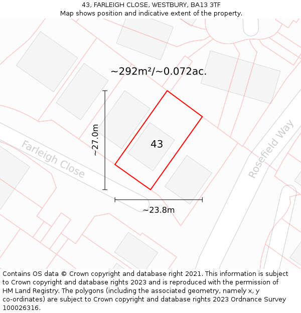 43, FARLEIGH CLOSE, WESTBURY, BA13 3TF: Plot and title map