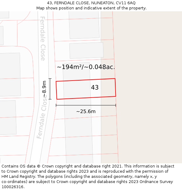 43, FERNDALE CLOSE, NUNEATON, CV11 6AQ: Plot and title map