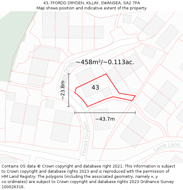 43, FFORDD DRYDEN, KILLAY, SWANSEA, SA2 7PA: Plot and title map