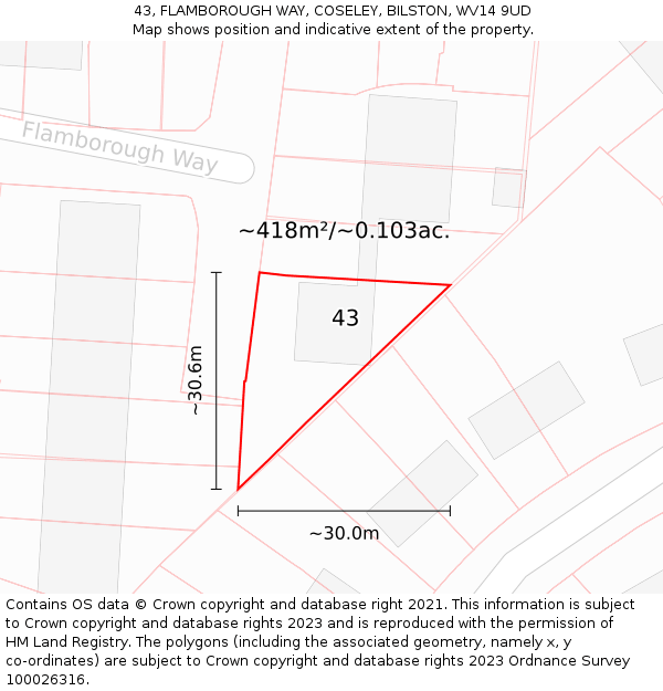 43, FLAMBOROUGH WAY, COSELEY, BILSTON, WV14 9UD: Plot and title map