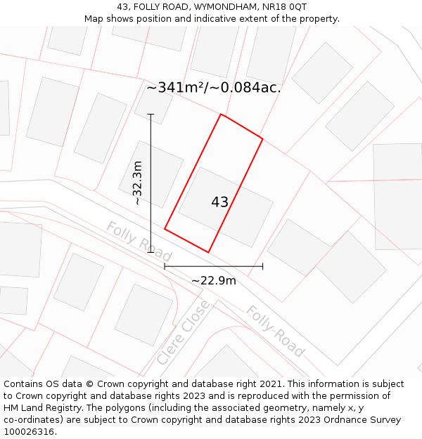 43, FOLLY ROAD, WYMONDHAM, NR18 0QT: Plot and title map