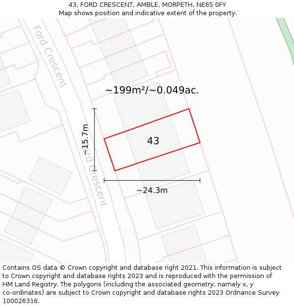 43, FORD CRESCENT, AMBLE, MORPETH, NE65 0FY: Plot and title map