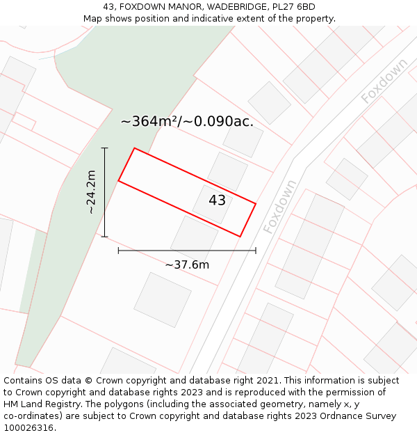 43, FOXDOWN MANOR, WADEBRIDGE, PL27 6BD: Plot and title map