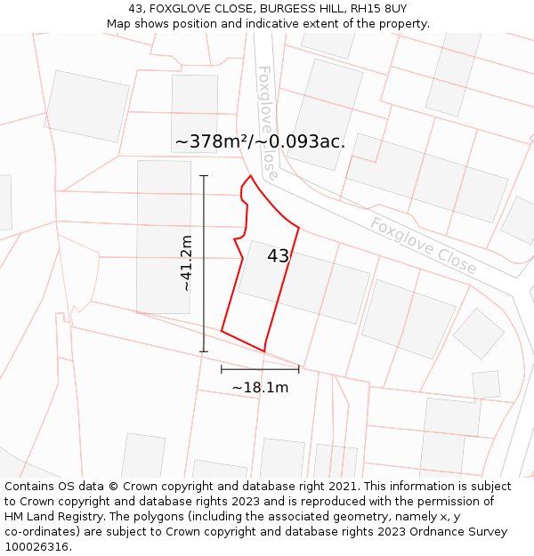 43, FOXGLOVE CLOSE, BURGESS HILL, RH15 8UY: Plot and title map