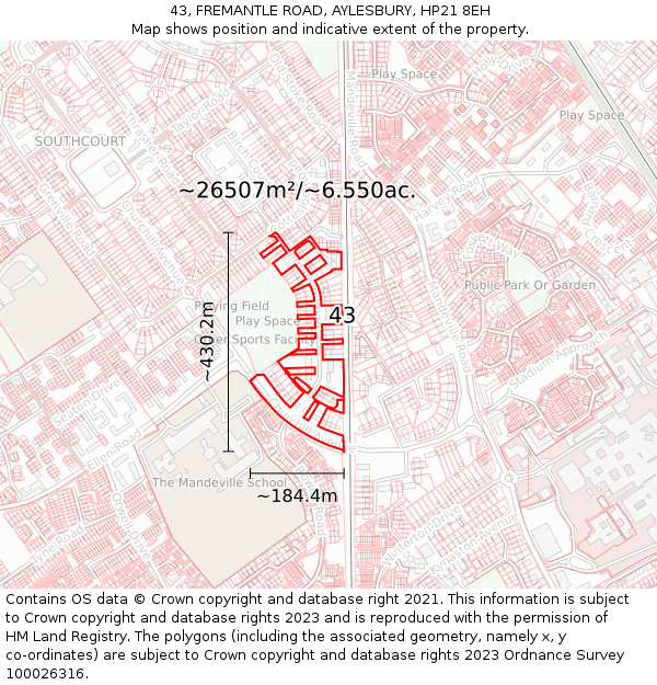 43, FREMANTLE ROAD, AYLESBURY, HP21 8EH: Plot and title map