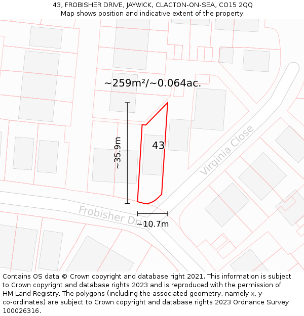 43, FROBISHER DRIVE, JAYWICK, CLACTON-ON-SEA, CO15 2QQ: Plot and title map