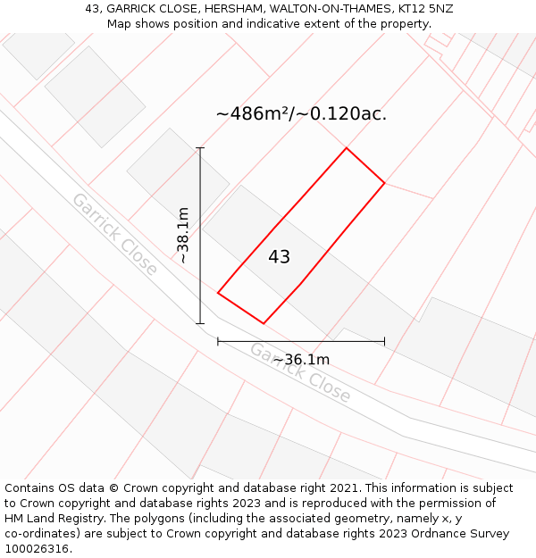 43, GARRICK CLOSE, HERSHAM, WALTON-ON-THAMES, KT12 5NZ: Plot and title map