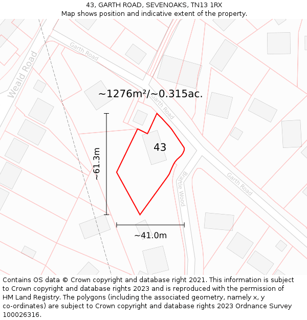 43, GARTH ROAD, SEVENOAKS, TN13 1RX: Plot and title map