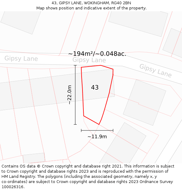 43, GIPSY LANE, WOKINGHAM, RG40 2BN: Plot and title map