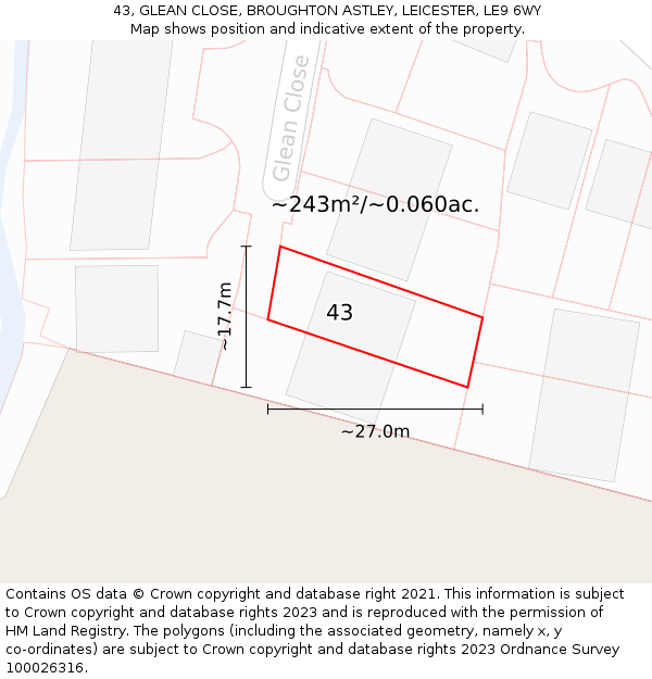 43, GLEAN CLOSE, BROUGHTON ASTLEY, LEICESTER, LE9 6WY: Plot and title map