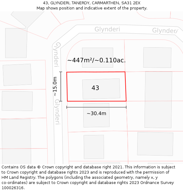 43, GLYNDERI, TANERDY, CARMARTHEN, SA31 2EX: Plot and title map