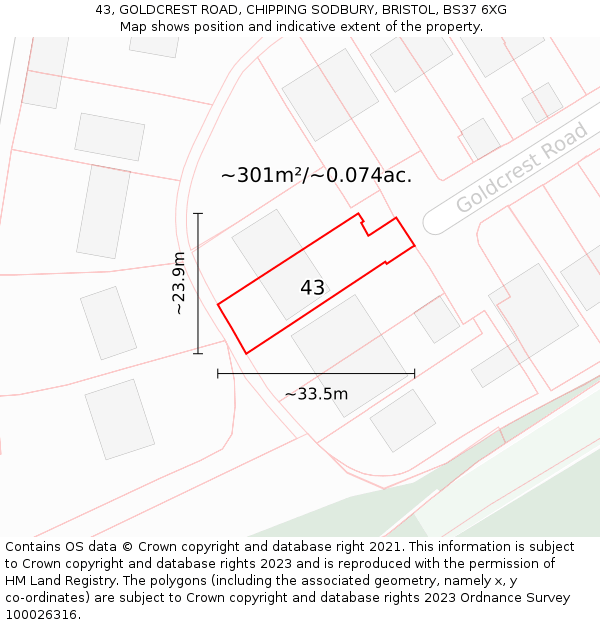 43, GOLDCREST ROAD, CHIPPING SODBURY, BRISTOL, BS37 6XG: Plot and title map