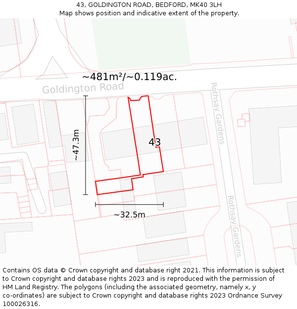 43, GOLDINGTON ROAD, BEDFORD, MK40 3LH: Plot and title map