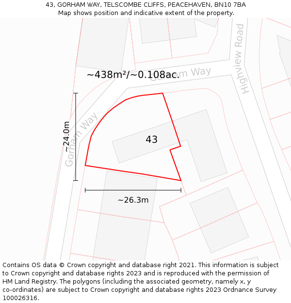 43, GORHAM WAY, TELSCOMBE CLIFFS, PEACEHAVEN, BN10 7BA: Plot and title map