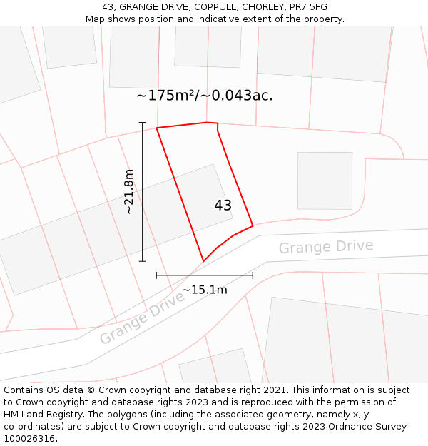 43, GRANGE DRIVE, COPPULL, CHORLEY, PR7 5FG: Plot and title map
