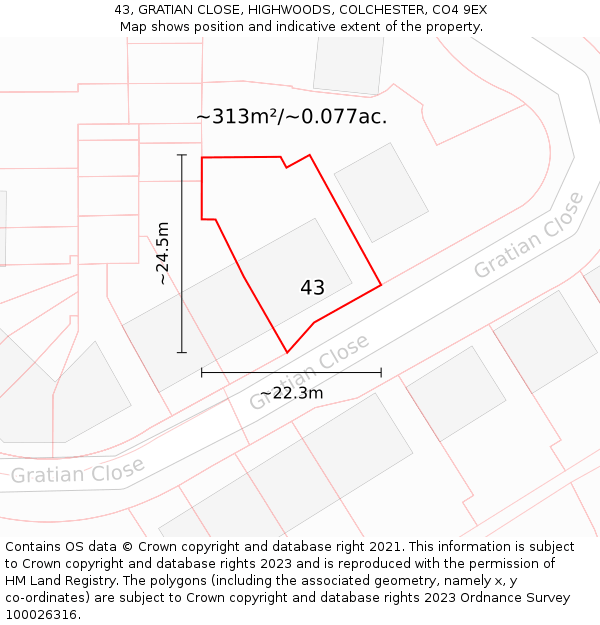 43, GRATIAN CLOSE, HIGHWOODS, COLCHESTER, CO4 9EX: Plot and title map