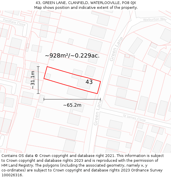 43, GREEN LANE, CLANFIELD, WATERLOOVILLE, PO8 0JX: Plot and title map