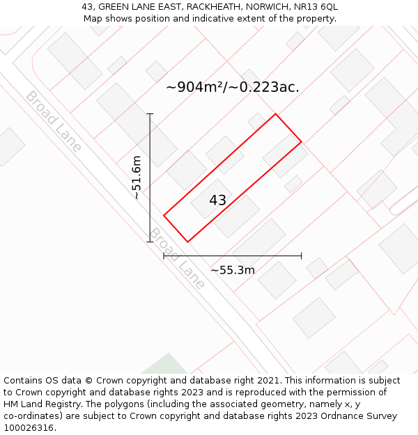 43, GREEN LANE EAST, RACKHEATH, NORWICH, NR13 6QL: Plot and title map