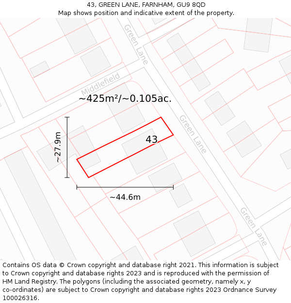 43, GREEN LANE, FARNHAM, GU9 8QD: Plot and title map