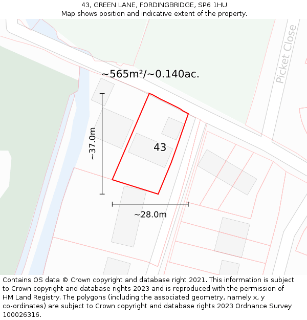 43, GREEN LANE, FORDINGBRIDGE, SP6 1HU: Plot and title map