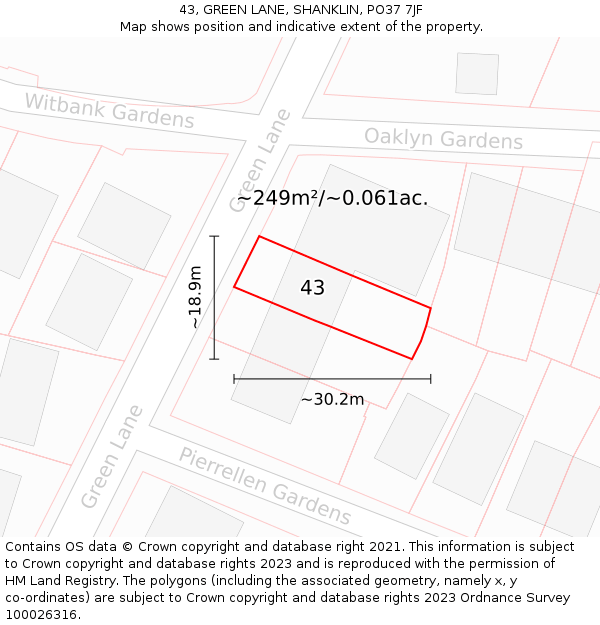 43, GREEN LANE, SHANKLIN, PO37 7JF: Plot and title map