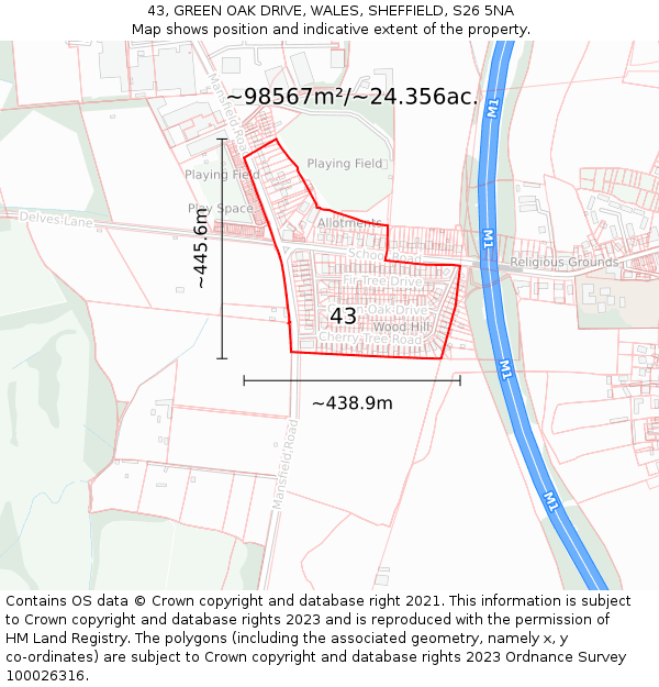 43, GREEN OAK DRIVE, WALES, SHEFFIELD, S26 5NA: Plot and title map