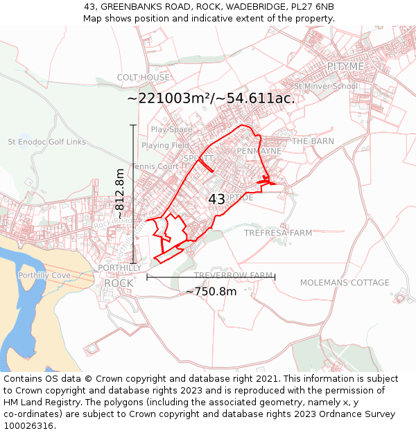 43, GREENBANKS ROAD, ROCK, WADEBRIDGE, PL27 6NB: Plot and title map
