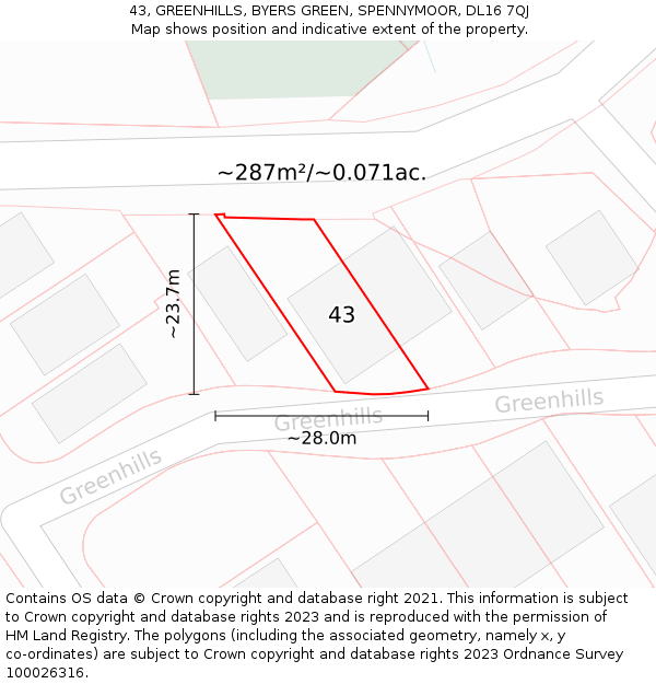 43, GREENHILLS, BYERS GREEN, SPENNYMOOR, DL16 7QJ: Plot and title map