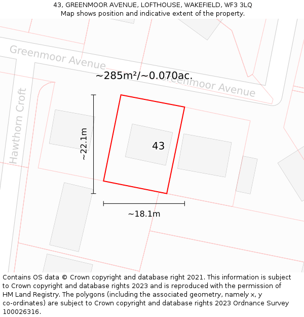 43, GREENMOOR AVENUE, LOFTHOUSE, WAKEFIELD, WF3 3LQ: Plot and title map