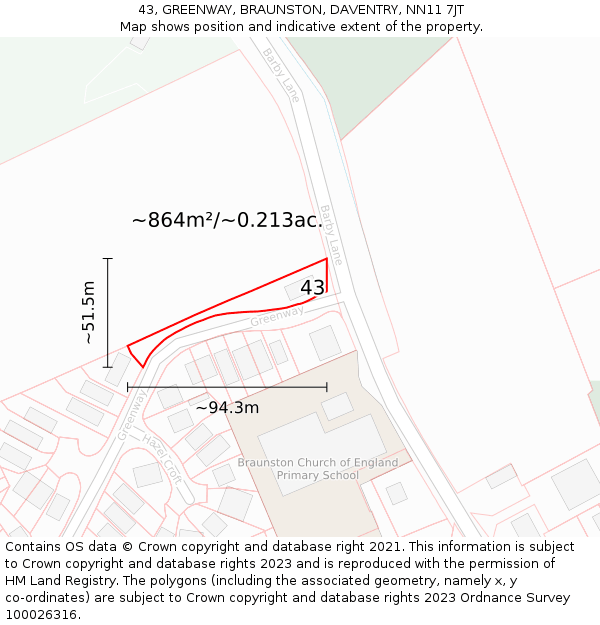 43, GREENWAY, BRAUNSTON, DAVENTRY, NN11 7JT: Plot and title map