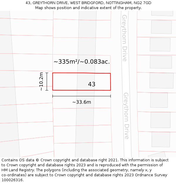 43, GREYTHORN DRIVE, WEST BRIDGFORD, NOTTINGHAM, NG2 7GD: Plot and title map